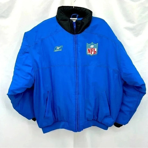 Reebok Mens Jacket Large Royal Blue Decals NFL Quilted Liner Pockets Zippered - Picture 1 of 15